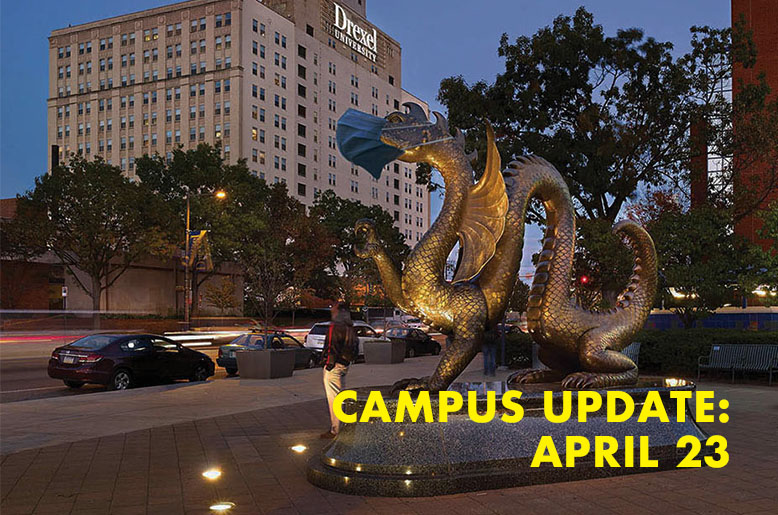 Dragon statue masked with the words campus update April 23